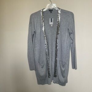 The Limited Gray Medium Open Rayon Blend Cardigan Silver Sequin Trim Pockets